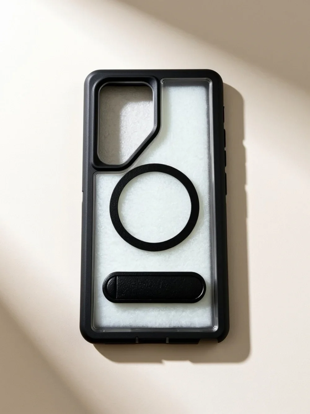Black Clear Magnetic Ring Phone Case with Kickstand for Samsung S25 Ultra.